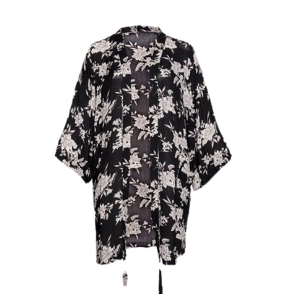 Spiritual Gangster Women's Black/Grey/White Floral Print MAYA Kimono, One Size - Picture 1 of 7